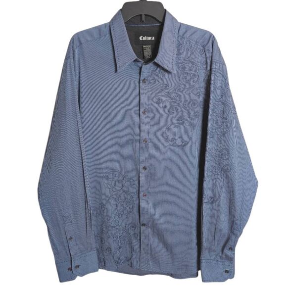 Cultura Men's Blue Pintripe Embroidered Button Down Shirt Mens 2XL XXL - Picture 1 of 5